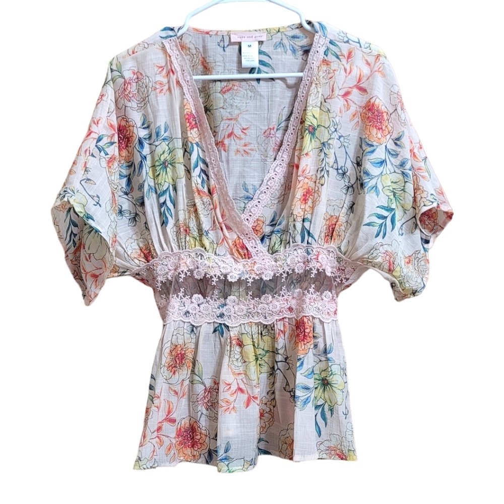 Rose And Grey Pink Floral Sheer Babydoll Blouse Size M